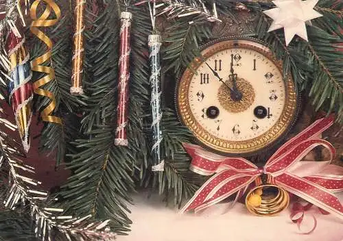 New year postcard clock and Christmas tree