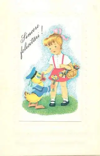 Disney postcard Donald giving flowers to a girl Romania