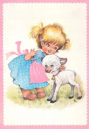 Easter postcard Happy Easter Holidays girl and lamb