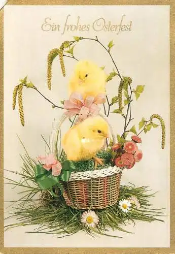 Easter postcard flower basket and chicken