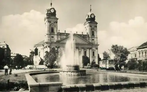 Hungary Debrecen Kossuth square Reformed Church, fountain & tram