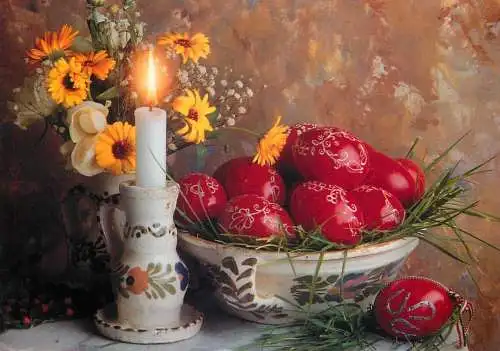 Easter scene Kellemes Husveti Unnepeket candle and eggs Hungary