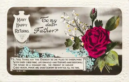 Holiday postcard Birthday to my dear father many happy returns rose