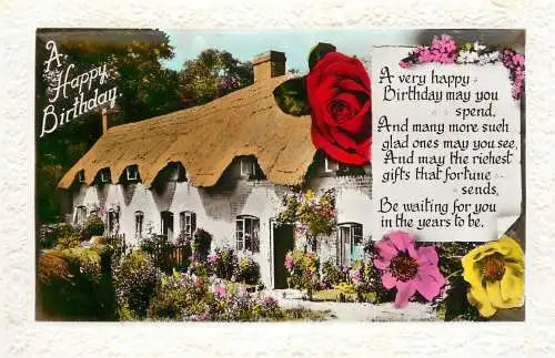 Holiday postcard happy birthday rose cottage
