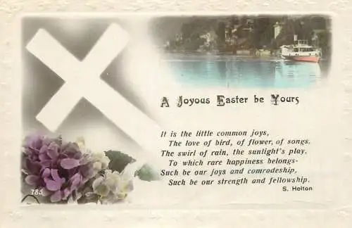 Holiday postcard Easter greetings flowers and boat