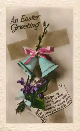 Holiday postcard Easter greetings flower and bells
