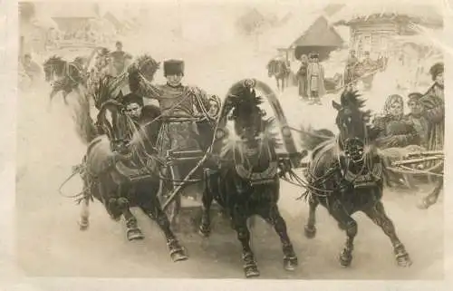 Russia painting with winter scenery and horse sled