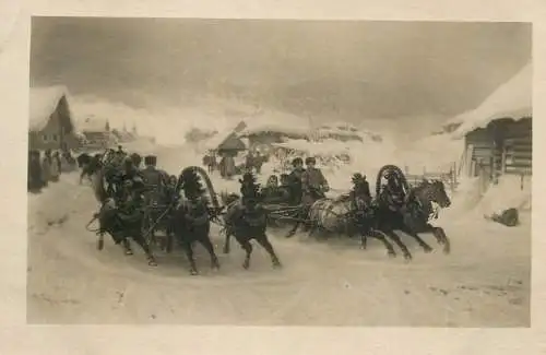 Russia painting with winter scenery and horse sled