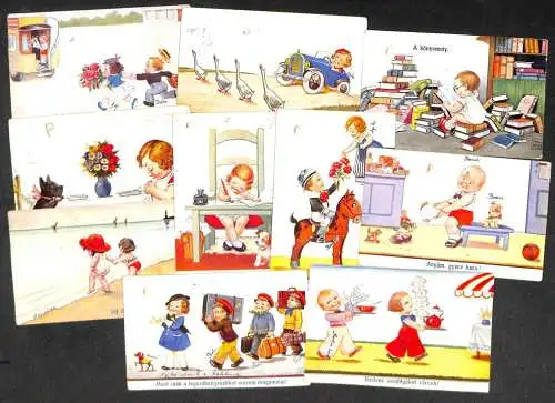 Lot 10 postcards Hungary drawn children comic caricatures 1938