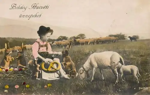 Easter greetings Hungary rabbits surrealism and lambs