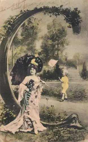 Fancy umbrella lady alphabet letter C fantasy postcard 1905