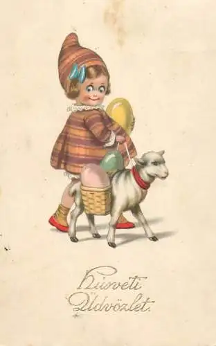 Easter greetings 1929 Hungary drawn girl with lamb
