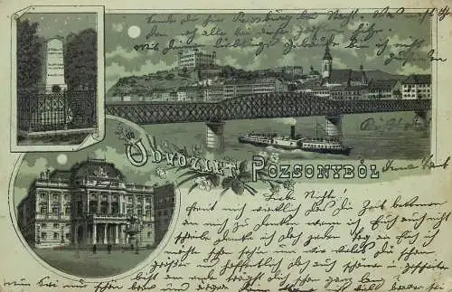 Slovakia BRATISLAVA Poszony Pressburg moonlight Litho 1904 steamer navigation bridge