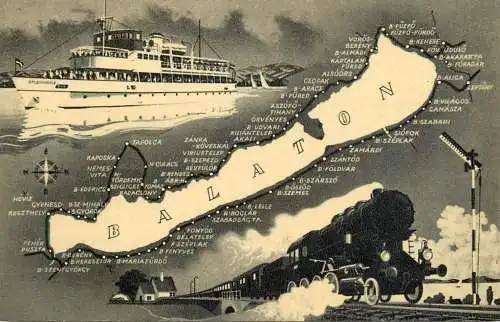 Hungary Balaton Farnadi Frigyes drawing map area sailing vessel & train