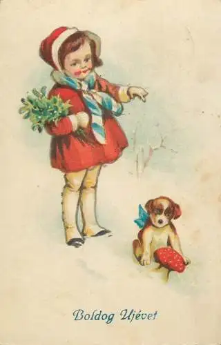 New Year greetings children types and scenes illustration mushroom puppy dog