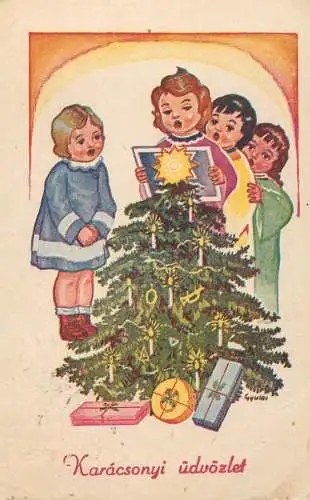 Christmas greetings children singing carols around decorated fir tree illustration