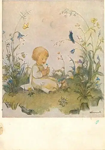 Fine arts postcard painting M. J. Hummel kind auf der blumenwiese