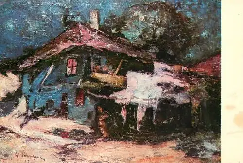 Fine arts postcard painting G. Petrascu old house of Targoviste