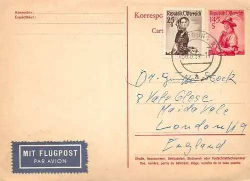 Postal services stationery postcard Austria personal corespondence 1954