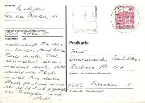Postal services stationery postcard Germany personal corespondence 1987