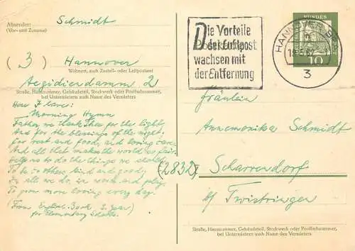Postal services stationery postcard Germany personal corespondence 1962