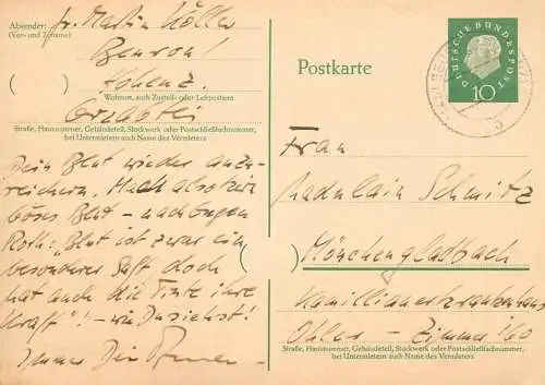 Postal services stationery postcard Germany personal corespondence 1961