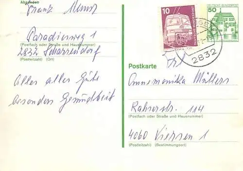 Postal services stationery postcard Germany personal corespondence 1982