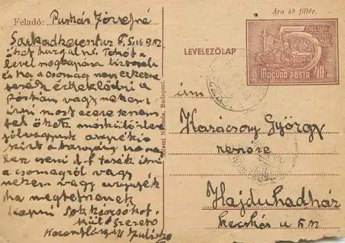 Postal services stationery postcard Hungary personal corespondence 1954