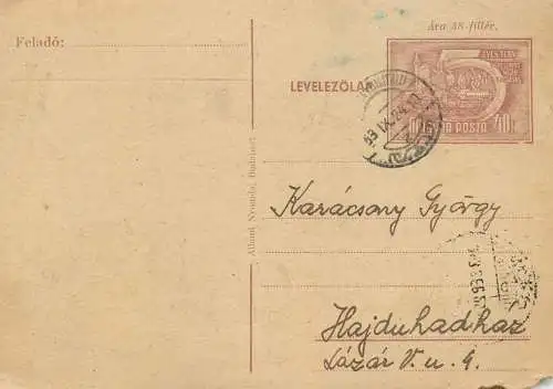 Postal services stationery postcard Hungary personal corespondence 1953