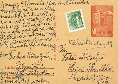 Postal services stationery postcard Hungary personal corespondence 1966 tram stamp
