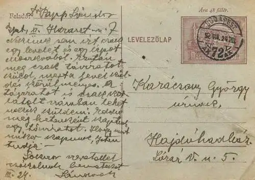 Postal services stationery postcard Hungary personal corespondence 1924