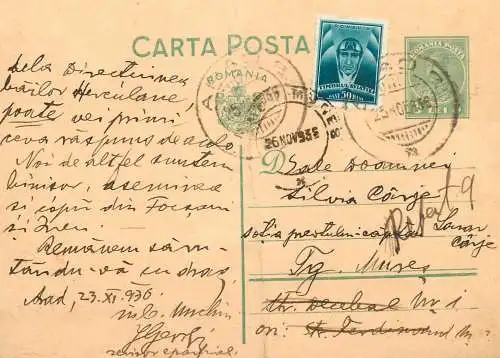 Postal services stationery postcard Romania 1936 personal correspondence
