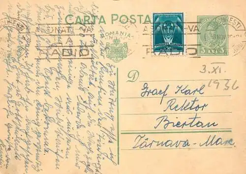 Postal services stationery postcard Romania 1936 personal correspondence