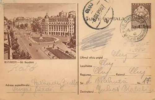 Postal services stationery postcard Bucharest republic boulevard 1957