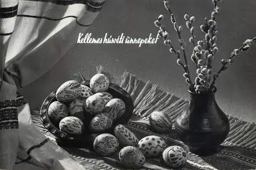 Easter greetings blossom willow branch decorative arrangement & painted eggs