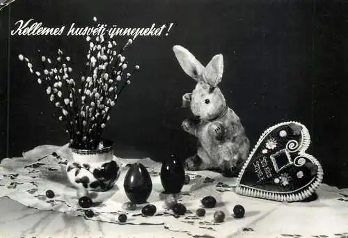 Easter greetings toy rabbit & painted eggs