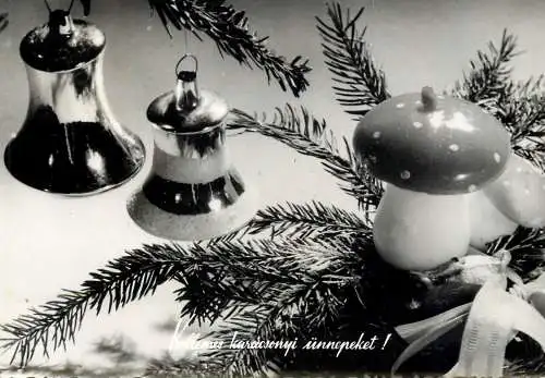 Christmas greetings decorative ornaments bells & mushrooms detail view