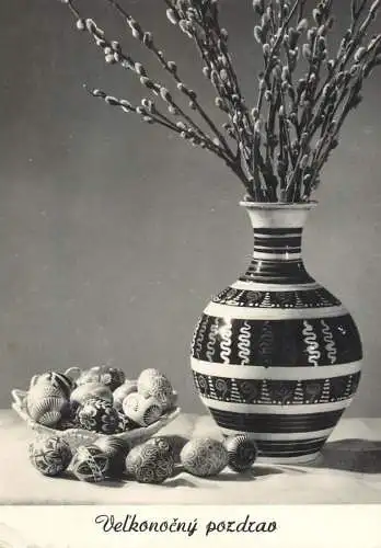 Easter greetings decorated pencilled eggs & blossom willow branch arrangement postcard