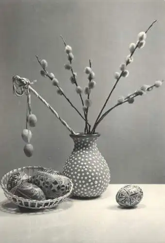 Easter greetings decorated pencilled eggs & blossom willow branch arrangement