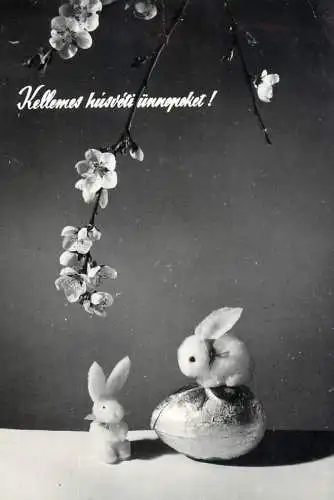 Easter greetings miniature rabbit toys, egg & blossom tree branch