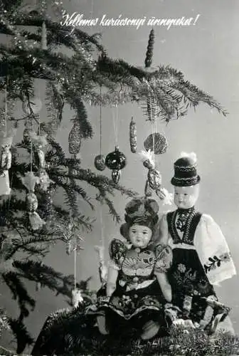 Christmas greetings miniature dolls with traditional costumes & decorated tree detail view