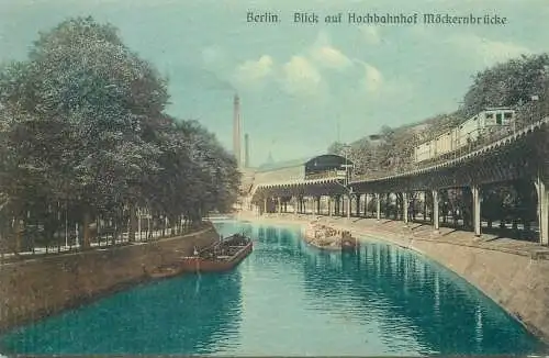 Germany Berlin 1911 blick auf Hochbahnhof Mockernbrucke elevated rail sailing ships bateaux