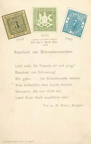 AK Württemberg, Abschied den Schwabenmarken, Briefmarken 1851-1857-1869
