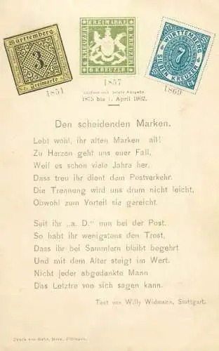AK Württemberg, Den scheidenden Marken, Briefmarken 1851-1857-1869