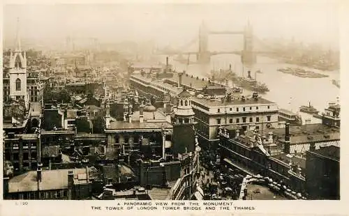 The Tower of London, Tower Bridge and the Thames panoramic view from the monument real photo postcard