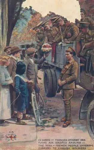 French people offering flowers to English soldiers