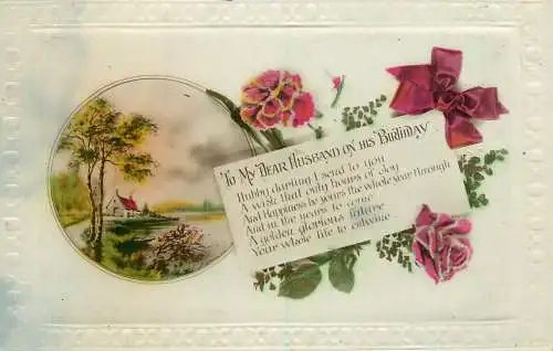 Celebration holiday postcard birthday wishes for husband flowers village