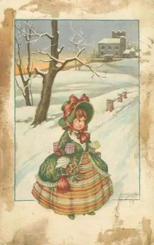 Aurelio Bertiglia signed cute drawn girl winter seasonal greetings