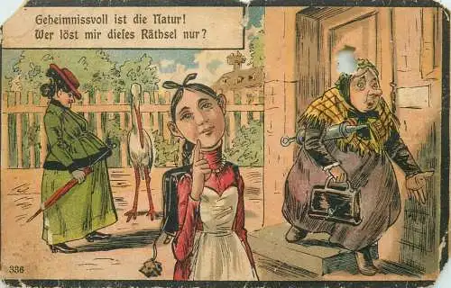 Women caricature & stork bird German humor postcard