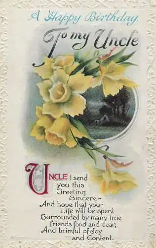 Celebration holiday postcard birthday wishes to dear uncle flower